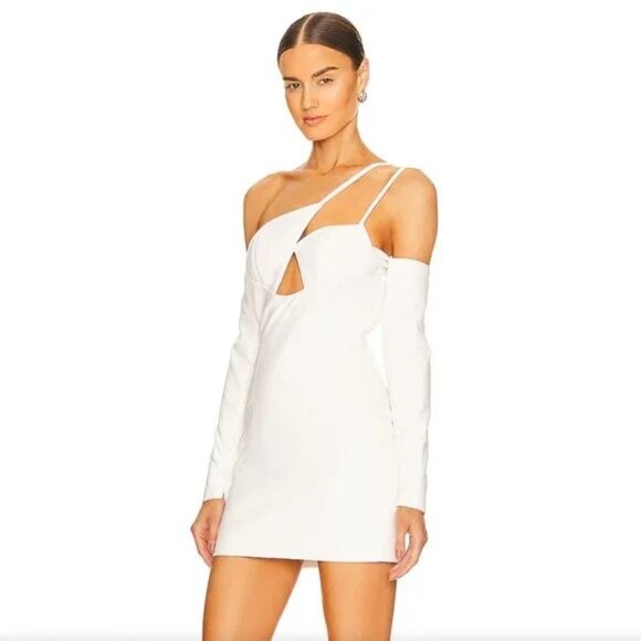 NEW Ceren Ocak Cut Out Mini Dress White Long Sleeve Cutout leather off shoulder - Picture 3 of 8